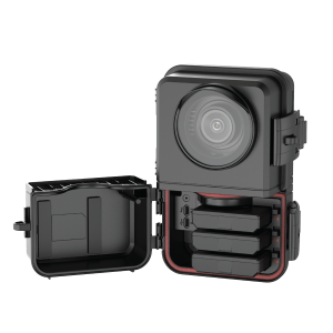 Brinno ATH5000 housing with internal view showing camera and dual battery pack in weather-sealed compartment