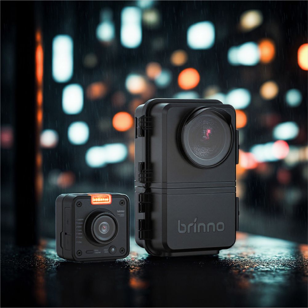 Brinno TLC5000 4K time lapse camera with ATH5000 weatherproof housing, shown on a wet surface at night, built for long-term construction site monitoring