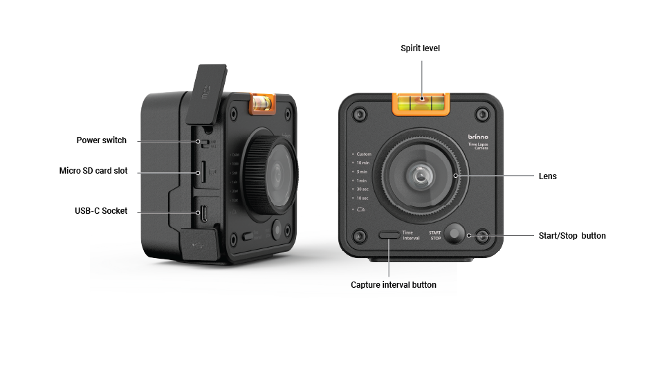 Brinno TLC5000 camera front and side view with labeled ports and controls including USB-C, microSD slot, and interval dial