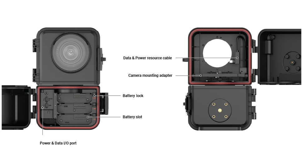Brinno ATH5000 weatherproof housing open view showing battery slots, power and data ports, and camera mounting adapter