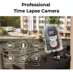Brinno TLC300 time lapse camera with ATH120 waterproof housing in hand, showing live screen in outdoor construction site