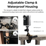 Brinno BCC300 mounted on flat and curved surfaces with adjustable clamp and waterproof housing