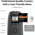 Brinno TLC300 time lapse camera user interface with detailed labeled buttons and on-screen schedule menu