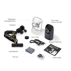 Brinno BCC300 time lapse camera bundle including TLC300, ATH120 waterproof housing, clamp mount, SD card, batteries, and accessories