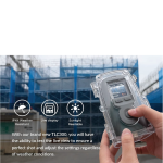 Brinno TLC300 time lapse camera with ATH120 waterproof housing in hand, showing live screen in outdoor construction site