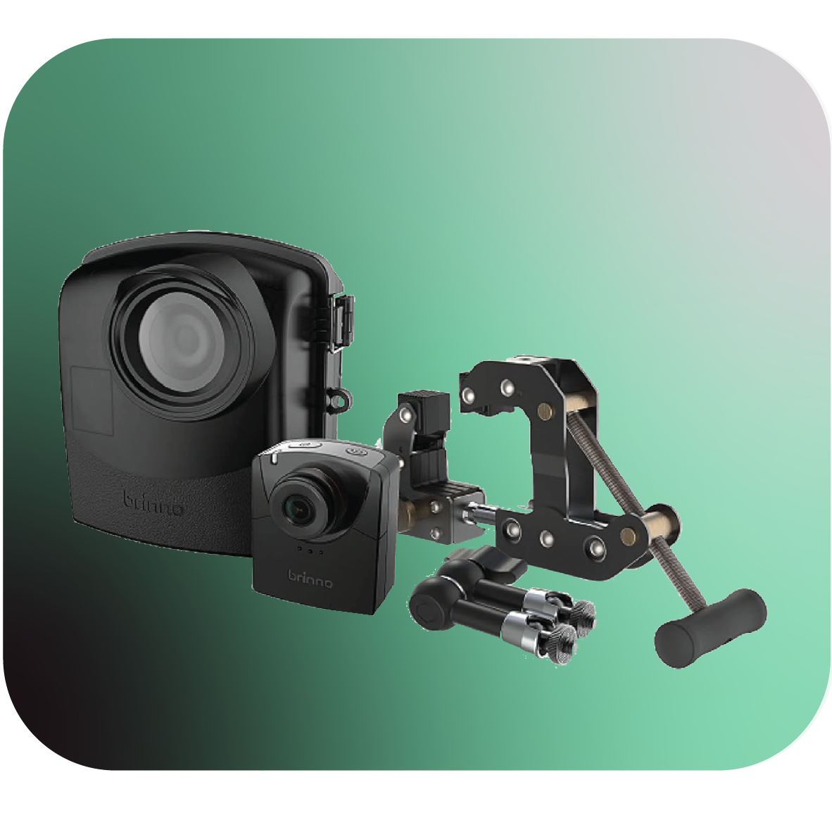Brinno BCC2000 time lapse camera bundle including camera, weatherproof housing, and industrial clamp mount