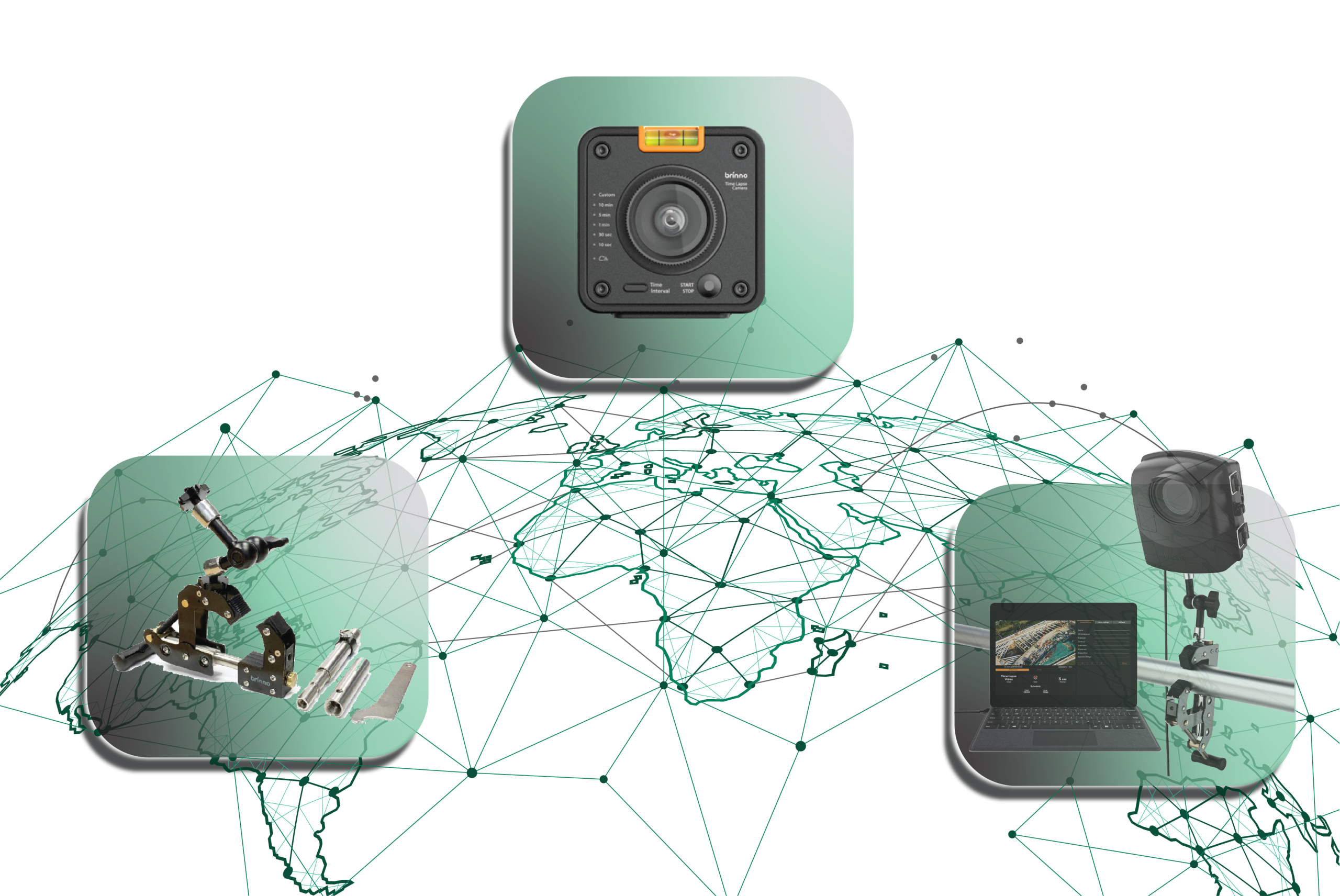 Illustration of a smart time lapse camera with adjustable mounting, laptop access, and global network connections