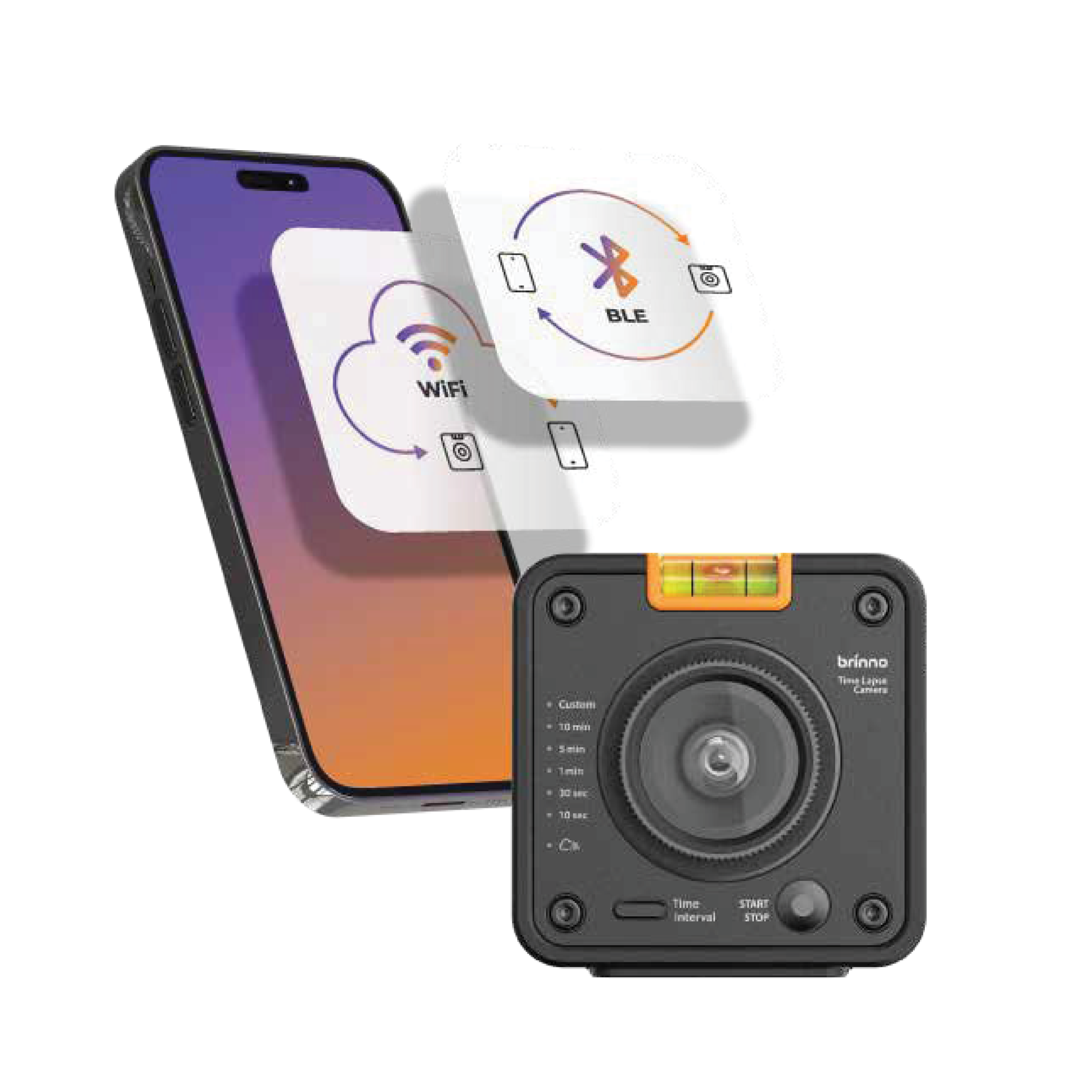 Brinno TLC5000 camera front view with labeled ports and controls including USB-C, microSD slot, and interval dial