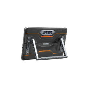 Back view of OUKITEL RT8 rugged tablet featuring a triple rear camera system and reinforced kickstand for industrial and outdoor use