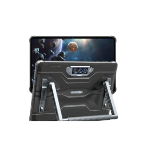 Back view of OUKITEL RT8 rugged tablet featuring a triple rear camera system and reinforced kickstand for industrial and outdoor use