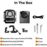Brinno TLC2020-C bundle in the box contents – time lapse camera, waterproof housing, clamp mount, accessories