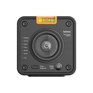 Front and side view of Brinno TLC5000 time lapse camera with lens dial and built-in spirit level