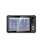 Front view of WT860 rugged Android tablet with touchscreen interface, NFC reader, and built-in fingerprint scanner
