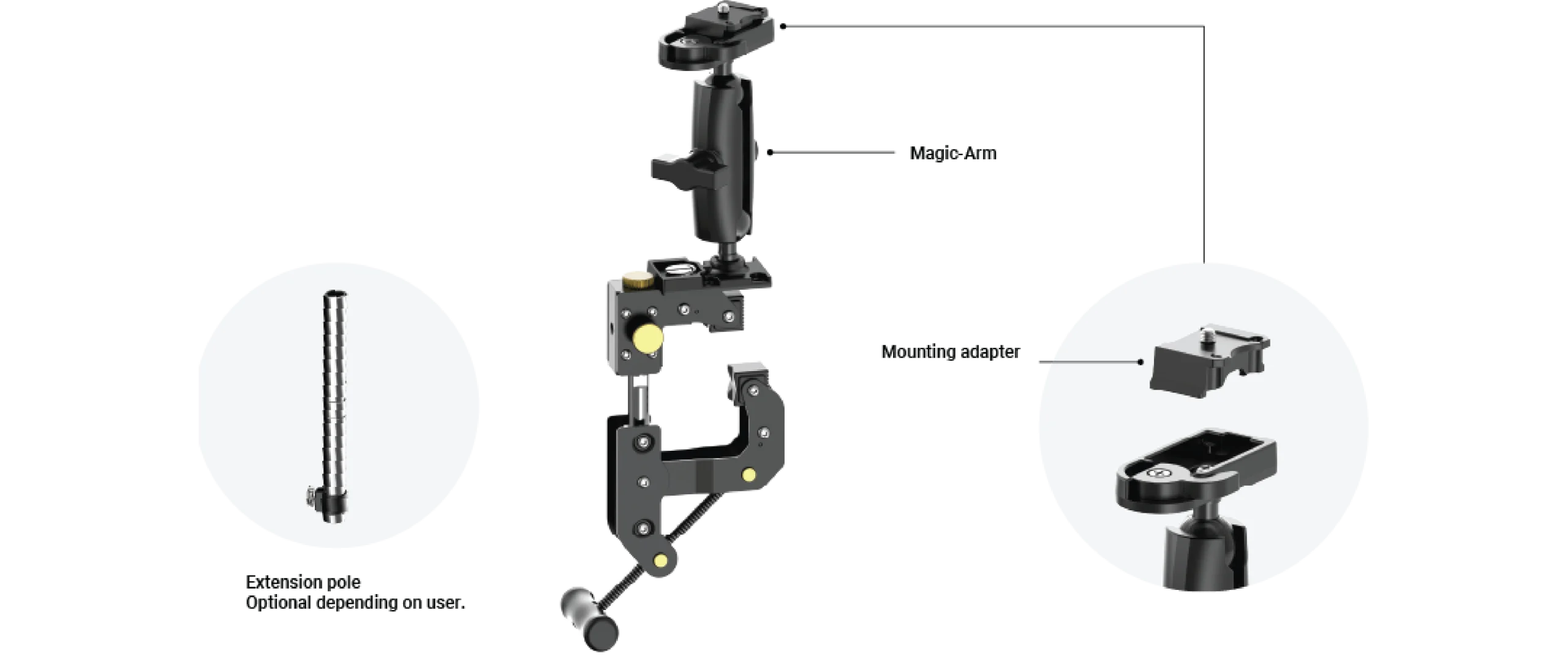 Exploded view of Brinno ACC5000 camera mounting system with magic arm, extension pole, and mounting adapter