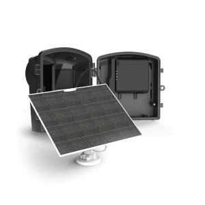 Brinno ASP1000P solar panel connected to weatherproof housing with internal battery pack for time lapse camera