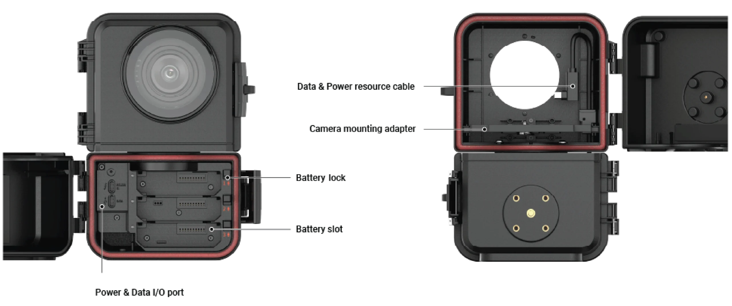 Brinno ATH5000 weatherproof housing open view showing battery slots, power and data ports, and camera mounting adapter