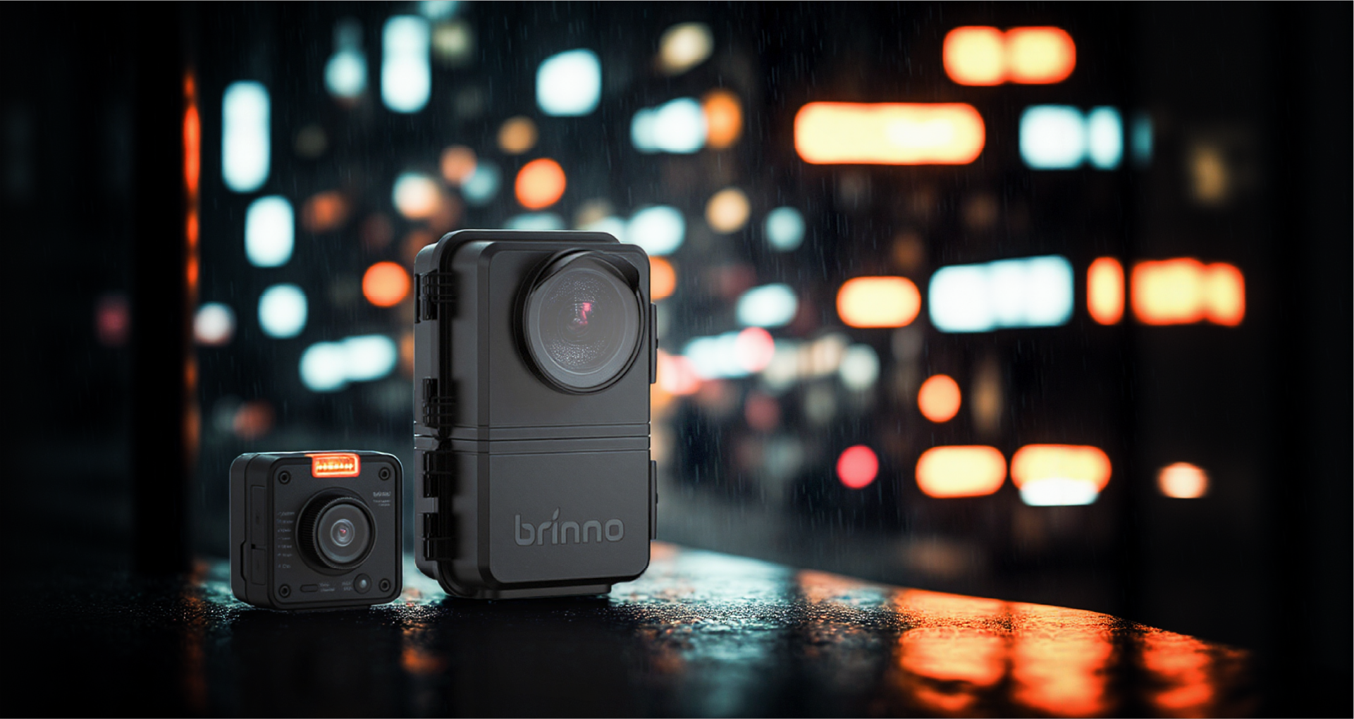 Brinno TLC5000 camera and ATH5000 weatherproof housing on a wet urban surface at night, designed for long-term outdoor time lapse projects