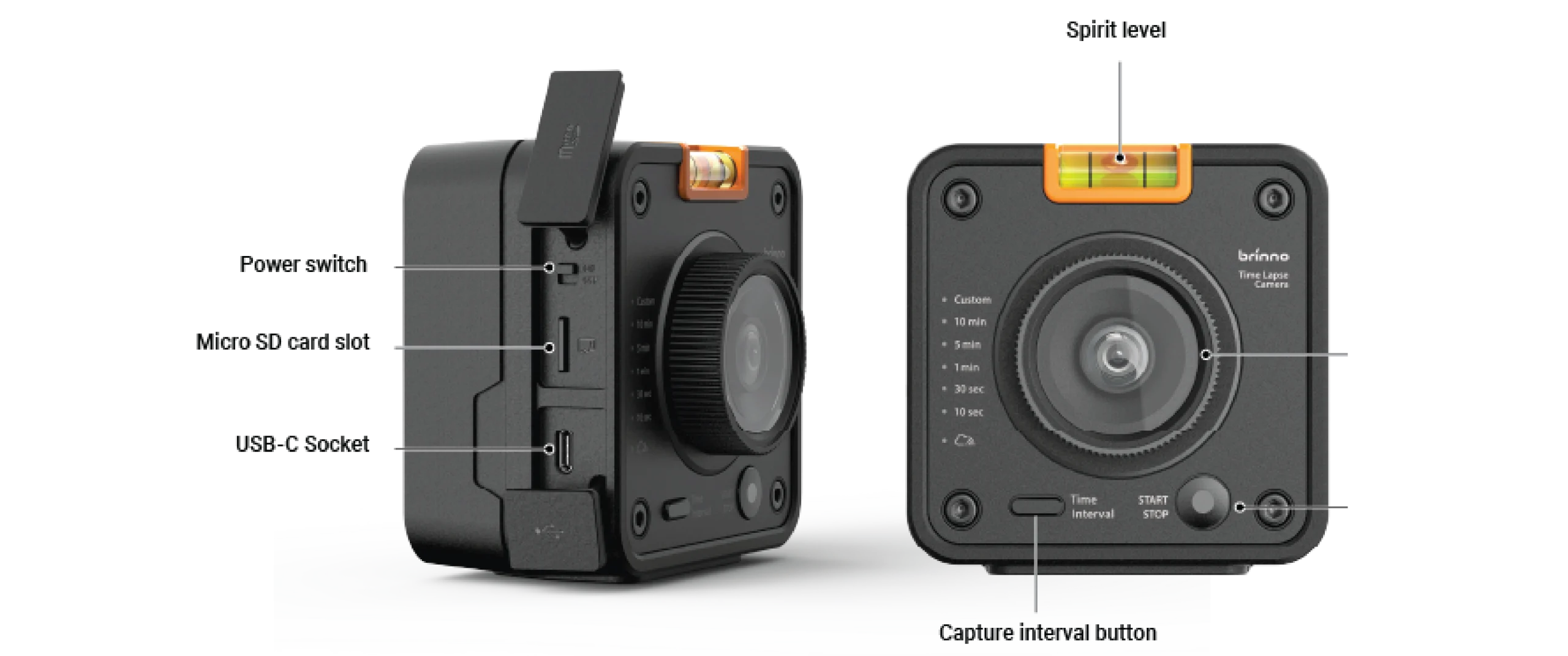 Brinno TLC5000 camera front and side view with labeled ports and controls including USB-C, microSD slot, and interval dial